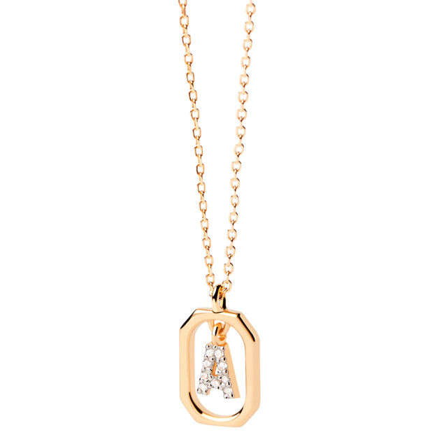 Mini letter A necklace gold plated white zirconia 40-50 cm