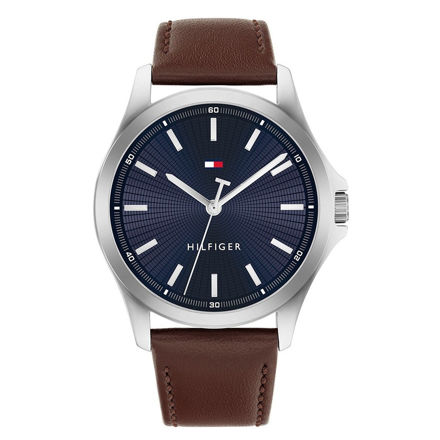 Tommy Hilfiger herreur 43mm blå skive & brun skinnreim