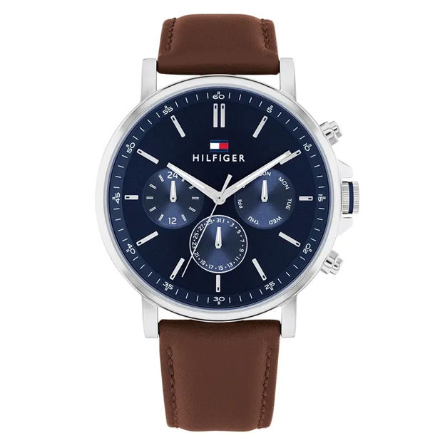 Tommy Hilfiger herreur stål blå skive & brun skinreim 43mm 5 ATM